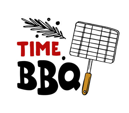 BBQ time hand-drawn inscription slogan food court emblem menu restaurant bar cafe Vector grillのイラスト素材