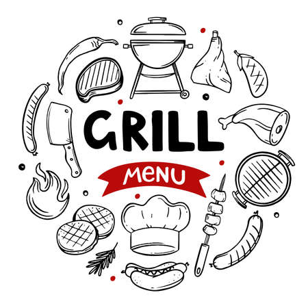 Grill menu hand drawn menu items of restaurant bar cafe Vector illustration of barbecue food doodlesのイラスト素材