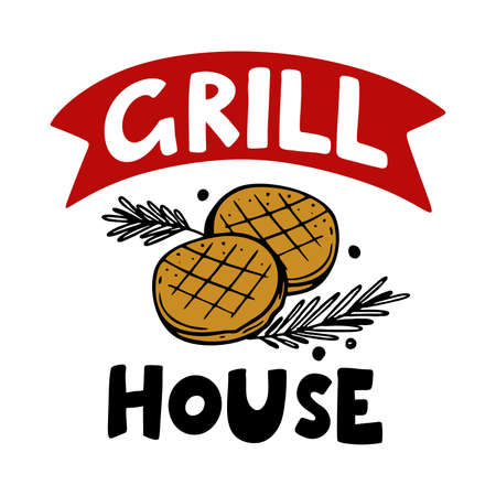 Grill house hand-drawn inscription slogan food court emblem menu restaurant bar cafe Vector of grilled cutletsのイラスト素材
