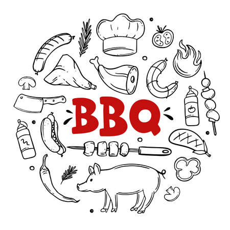 BBQ hand drawn menu items of restaurant bar cafe Vector of barbecue food doodlesのイラスト素材