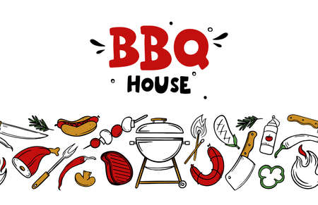 Banner cover for a menu with grill and barbecue elements for a restaurant bar cafe on a white background Vector of doodlesのイラスト素材