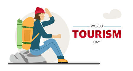 World Tourism Day banner for the holiday. A male traveler is engaged in hiking Hiking with a backpack A tourist in the mountains Vectorのイラスト素材