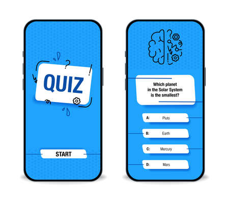 The template of the mobile application interface for the quiz on a blue background. Test, exam, questions and answers for a TV show. vector illustrationのイラスト素材
