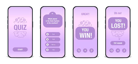 The template of the mobile application interface for the quiz on a purple background. Test, exam, questions and answers for a TV show. vector illustrationのイラスト素材