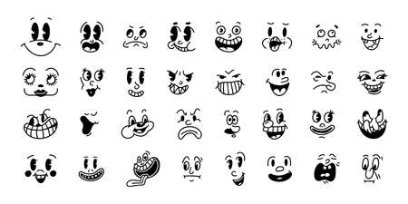 Smiley face retro emoji. Faces of cartoon characters from the 30s. Vintage comic smile vectorのイラスト素材