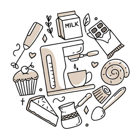 A set of elements for a coffee shop To use for posters banners postcards and packaging design Vector illustration in the style of hand drawnのイラスト素材