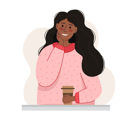 A dark skinned girl in a pink blouse with a cup of coffee. The concept of a coffee shop. vector illustration flat styleのイラスト素材
