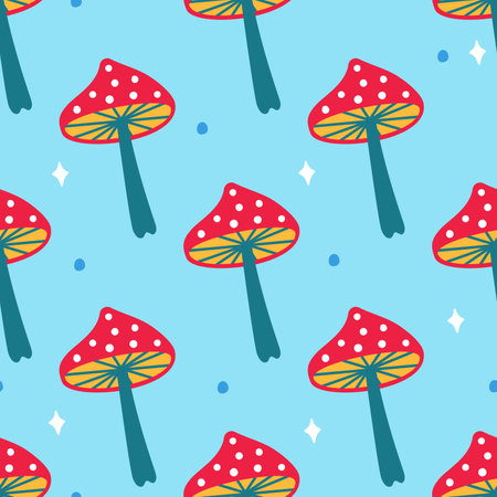 A pattern of mushrooms in the retro style of the 70s. Good vibes multi-colored picture. vectorのイラスト素材