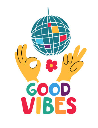 Lettering with a disco ball with hands in the retro style of the 70s. Good vibes multicolored inscription. vectorのイラスト素材