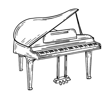 Grand piano musical instrument style hand drawn. Vector black and white doodleのイラスト素材