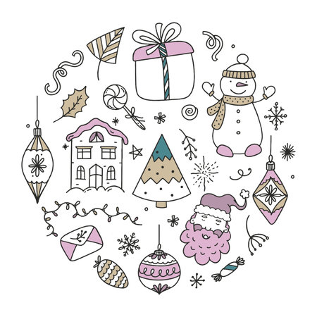 Set Christmas elements vector Illustration Doodle isolated on white Background Christmasのイラスト素材