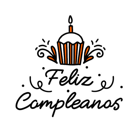 Happy birthday in Spain. Lettering in Spanish with cake and curlicues. vectorのイラスト素材