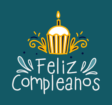 Happy birthday in Spain. Lettering in Spanish with cake and curlicues. vectorのイラスト素材