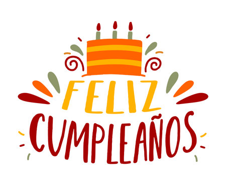 Happy birthday in Spain. Lettering in Spanish with cake and curlicues. vectorのイラスト素材