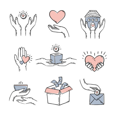 Charity donation for health. A set with elements of hearts in his hands. vector illustrationのイラスト素材