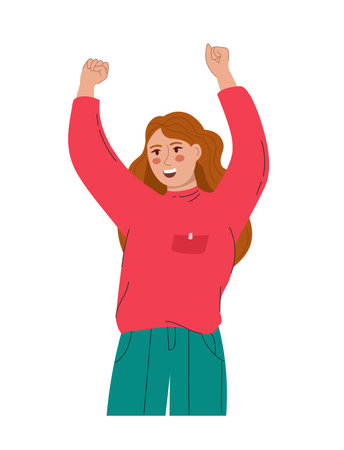 A beautiful woman rejoices and raises her hands up. vector illustration flatのイラスト素材