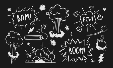 Comic explosions and bombs set. Speech bubbles with the words bom, boom, pow. vector doodle