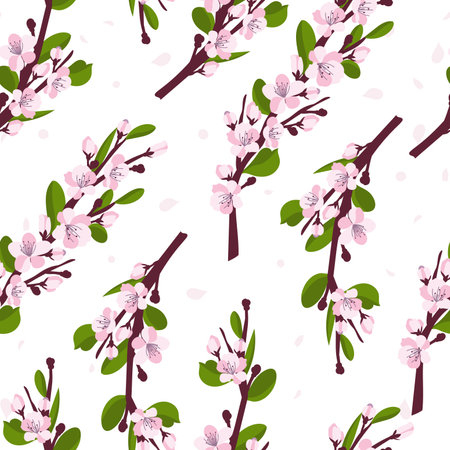 Cherry blossom pattern. Branches with cherry blossoms isolated on a white background. Japanese sakura. Vector illustrationのイラスト素材