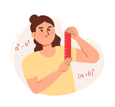 A woman holds a ruler in her hands. The origin of the idea. Marketing strategy. Business optimization, consulting, analysis, comparison.のイラスト素材