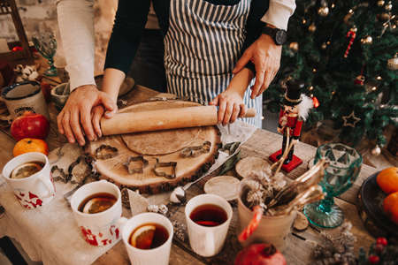 christmas cookies and cinnamon and teaの写真素材