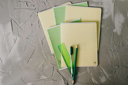 school notebook and pencil with pen and ruler on table on gray backgroundの写真素材