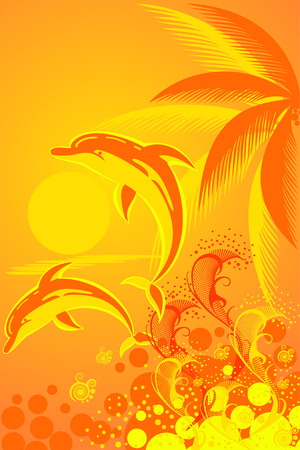 Tropic background with palm tree and two dolphinsのイラスト素材