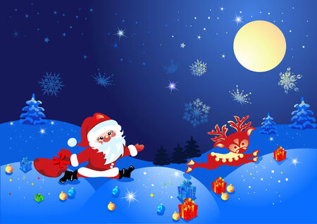 Christmas night, and Santa Claus with deerのイラスト素材