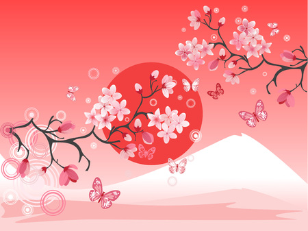  Japanese cherry tree to the background of the mountainのイラスト素材