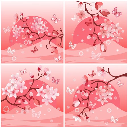  Japanese cherry tree to the background of the mountainのイラスト素材