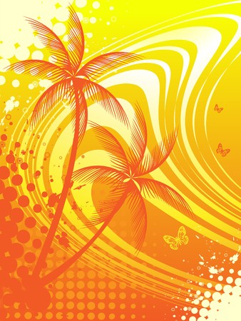 Surfing waves, tropical beach and palm treesのイラスト素材