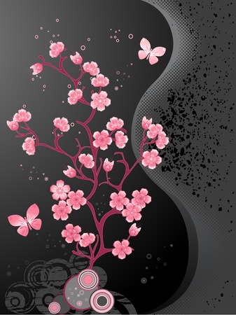 Blossoming cherry tree, black backgroundのイラスト素材