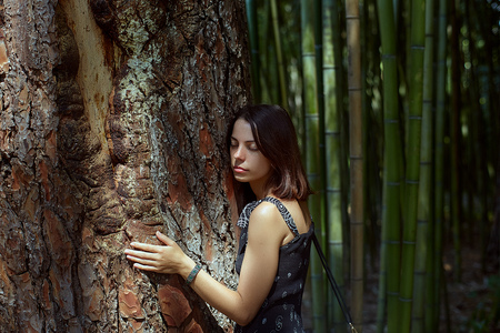 In love with nature: happy woman hugging a tree in the forestの写真素材