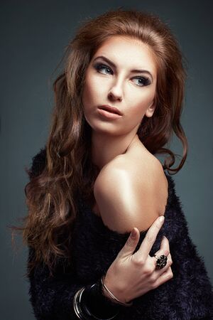 Emotional portrait of beauty girl with Long Curly Hair.の写真素材