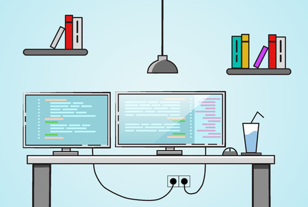 Flat design. Creative office desktop workspace with two monitorsのイラスト素材