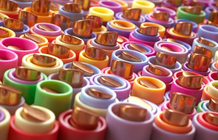 Rainbow of gold cylinder and multicolor tubes. 3D backgroundの写真素材