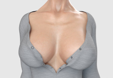 Beauty topless woman body. Big breast on white backgroundの写真素材
