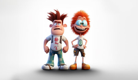 Couple of funny cartoon characters on white background. 3d illustrationの素材