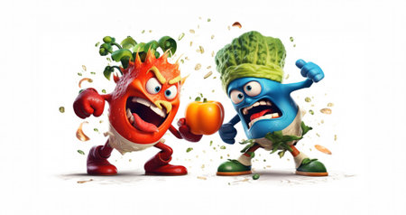 Funny vegetable characters fighting isolated on white background. 3D rendering.の素材