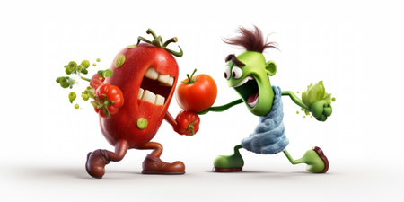 Funny vegetable characters on white background. 3d illustration. Healthy food conceptの素材