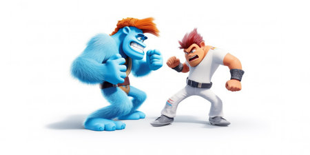 man and 3d monster character fighting. Childrens book, marketing, lesson planning, advertising or entertainment. Funny, engaging students. Weird surreal theme. Classroom decorationの素材
