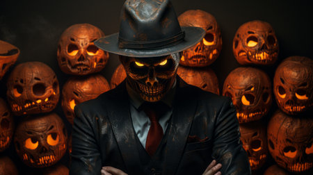 Scary man in halloween costume with pumpkins on dark background. Dia de los Muertosの素材