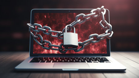 Laptop locked with chain and padlock. Cyber security concept. 3D Renderingの素材