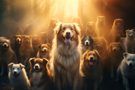 Golden Retriever and other dogs in the forest at sunset. Cute dogs. Mans best friend. Happy. Faithful. Golden hourの素材