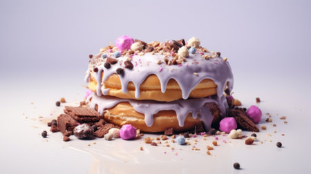 donut or sweet donut with chocolate and cream on a background. Food photography. Guilty pleasure. Indulgent.の素材