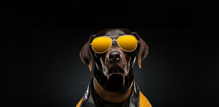 Portrait of a dog wearing yellow sunglasses on a black background. Dogs acting human. Funny. Gangster dog. Cool dog. Reflective sunglasses.の素材