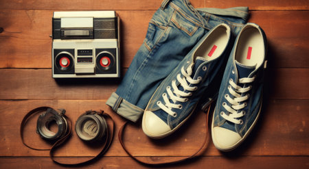 Vintage sneakers, jeans shorts, tape recorder and old camera on wooden background. Nostalgia.の素材