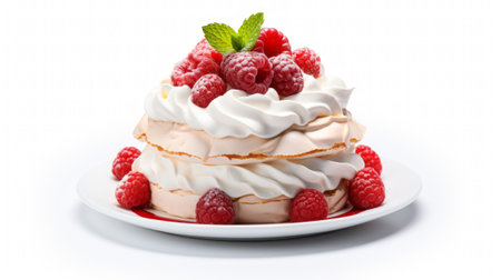 Pavlova cake with raspberries and whipped cream on white background. Food photographyの素材