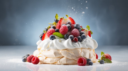 Pavlova cake with fresh berries and whipped cream on a blue backgroundの素材
