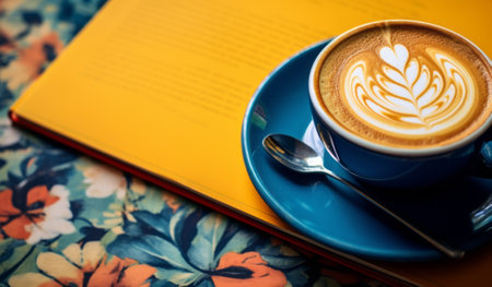 Cup of coffee with latte art on book background, vintage tone. Cafe culture. Student lifestyle. Study time. Coffee break.の素材