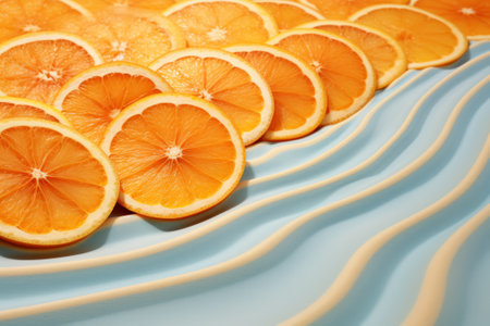 Slices of orange on a blue background close-up. Food photography. Healthy snack. Summer time.の素材
